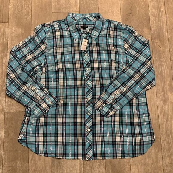Womens NWT Talbots Festive‎ Party Plaid Shimmer Button Down Shirt - Picture 1 of 5
